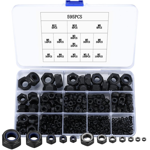595 Piece Hex Nut Set, Carbon Steel Self-Locking Nut, Nylon
