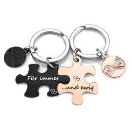 AllerPierce Partner Keyring with Engraving Forever and Ever, 2 Pieces Puzzle Key Ring, Stainless Steel Key Ring, BFF Key Ring, Keychain Gift for Lovers, Partner, Black and rose gold