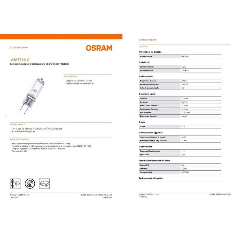 A1/223 24volt 250watt Osram 64655 Halogen Projector Bulb