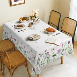 Ablecozy Spring Fabric Waterproof Tablecloth, Wildflowers Butterfly Rectangle Watercolor Wrinkle Oil-Proof Resistant Table Cover for Dining Table, Buffet Parties and Camping, (60" x 120")