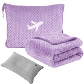3 in 1 Travel Pillow and Blanket Set - 280 GSM Travel Blanket Airplane Compact with Bag, Inflatable Travel Pillow, Packable Airplane Blanket, Luggage Sleeve & Backpack Clip (Light Purple)