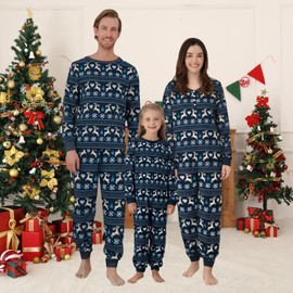 Miyanuby Family Christmas Pajamas Matching Sets Womens Mens Couple Kids Pjs Long Sleeve Xmas Allover Patterned Sleepwear Holiday Party Lounge Sets Navy Blue