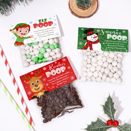 Whaline 120 Pcs Christmas Self-Adhesive Goody Bag with Topper Poop Elf Reindeer Snowman Candy Cello Bag Plastic Xmas Favor Treat Bag for Winter Party Wrapping