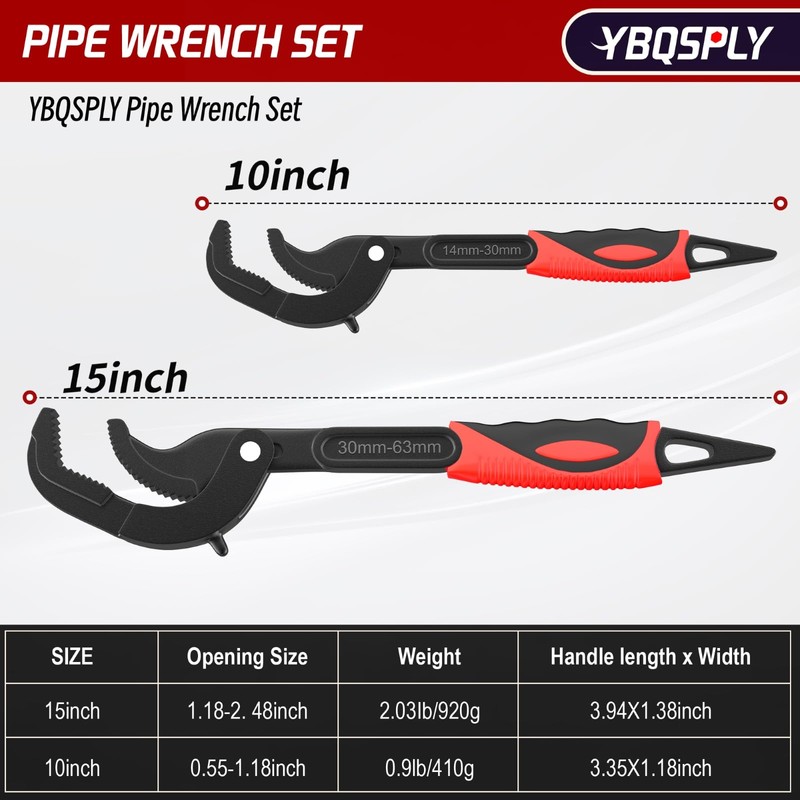 YBQSPLY Pipe Wrench Set, 10” and 15” Self Adjusting Wrench