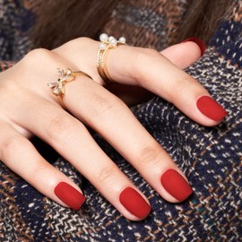 WOOYAS Classic Red Press on Nails Short,Square Matte Handmade Gel False Nails,Reusable Salon Perfect Stick On Nails in 12 Sizes - 24 Pcs Soft Gel Glue On Nails Kit