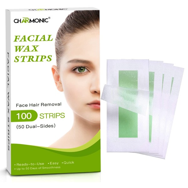 Charmonic Facial Wax Strips, 100 Pcs, Facial Hair Removal for Women, Waxing Strips for Face, Eyebrow, Upper Lip, Chin and Cheek Hair Remover, Waxing Kit for All Skin Types