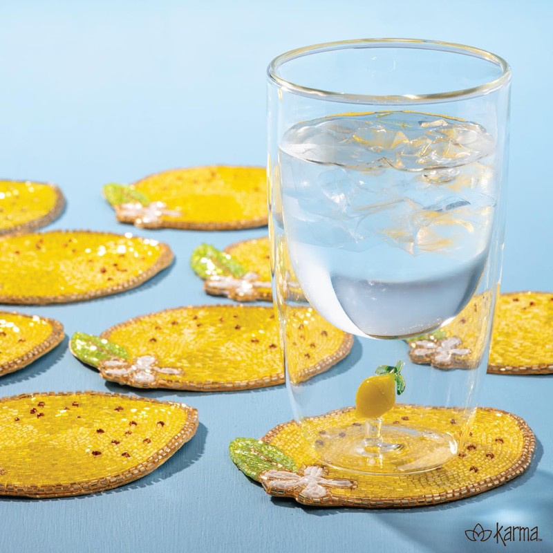Karma, Lemon Beaded Drink Coasters Set of 4, Summer Round