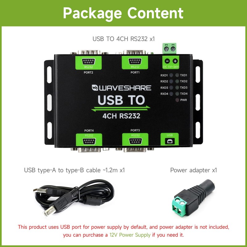 Waveshare Industrial Isolated USB to 4CH RS232 Converter (DB9 Male
