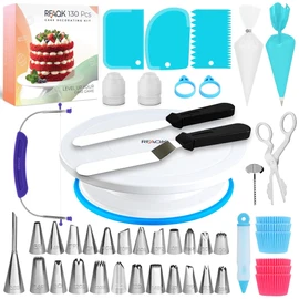 RFAQK Cake Decorating Kit Tools - RFAQK 130 Pcs Cake Turntable -Cake Leveller-24 Numbered Icing Tips and Piping bags with Pattern Chart & E.Book -Straight and Angled Spatula and other baking set Supplies