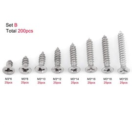 Pack of 200 M3 Stainless Steel SS304 Flat Head Wafer Head Self-Drilling Sheet Metal Tek Screw Assortment (Flat Head Self-tapping Screws)