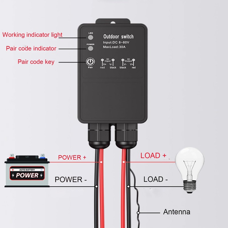 Outdoor Remote Control Switch, DC 8-80V, Waterproof, 2-Button Remote, Long-Range