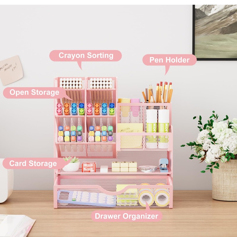 Marbrasse Pen Holder for Desk, Desk Organize with Drawer, Desk