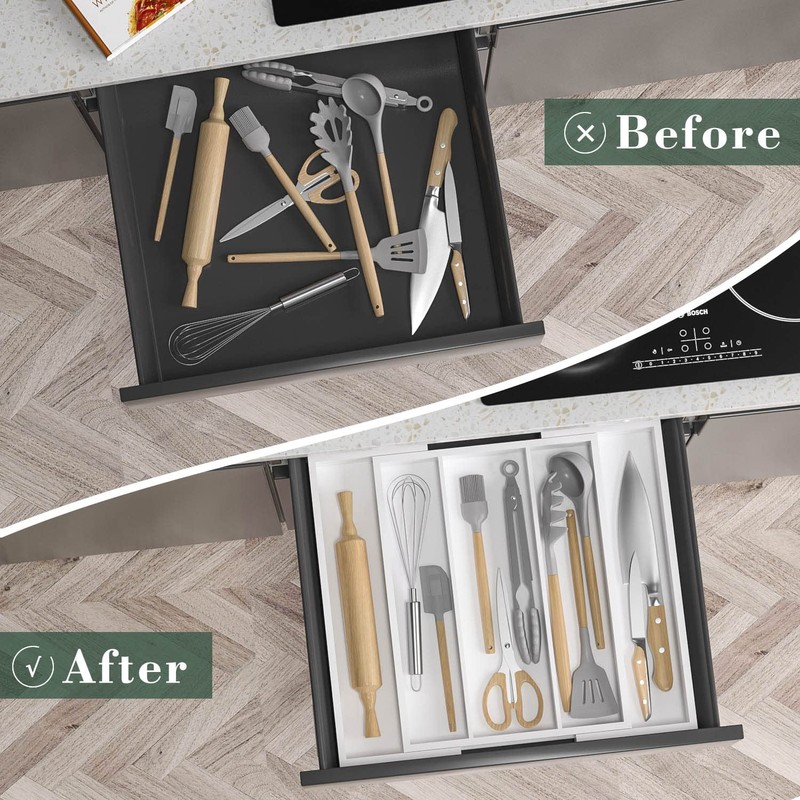 WUSHIZHUHUN Utensil Organizer for Kitchen Drawers - Bamboo Silverware Tray