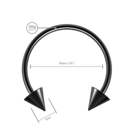 2pc 0.8mm 20g Surgical Stainless Steel Black Horseshoe Bar Hoop 3mm Spike Circular Barbells Earrings Cartilage Helix Septum Nose Lip Rings - 10mm
