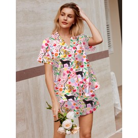 Ekouaer Silk Satin Pajamas 2 Piece Pajamas for Women Set Button Down PJ Short Sleeve and Shorts Pjs Lounge Sets Pink Tiger S