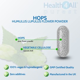 Hops 400mg 60 Capsules (V) .(not Tablets) Purest: no additives. Vegan Capsules for Anxiety, Stress and Sleep. Made in The UK by Health4All