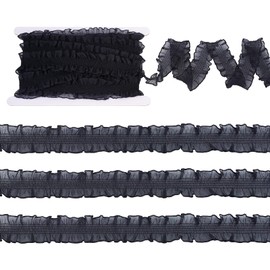 FASHEWELRY 10 Yards Elastic Ruffle Lace Ribbon Lace Craft Trim 1-1/4 inch Pleated Organza Ruffled Trimming for DIY Sewing Clothing Garment Bowknot Making (Black)