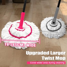NEWE Self Wringing Twist Mop for Floor Cleaning, Upgraded 18-inch Wide Microfiber Mops, 55 inches Long Handle Wet Dry Kitchen Easy Squeeze String Mop for Wood, Hardwood, Tile, Marble (Rose Red)