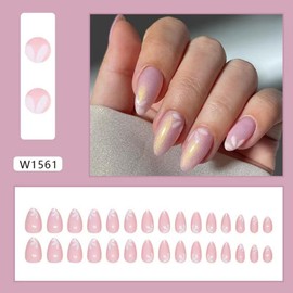 30Pcs Gold Glitter Press on Nails Pink Fake Nails Short Almond False Nails with Design Flower Glue on Nails Glossy Artificial Acrylic Full Cover Shiny Stick on Nails for Women Nail Art Decoration