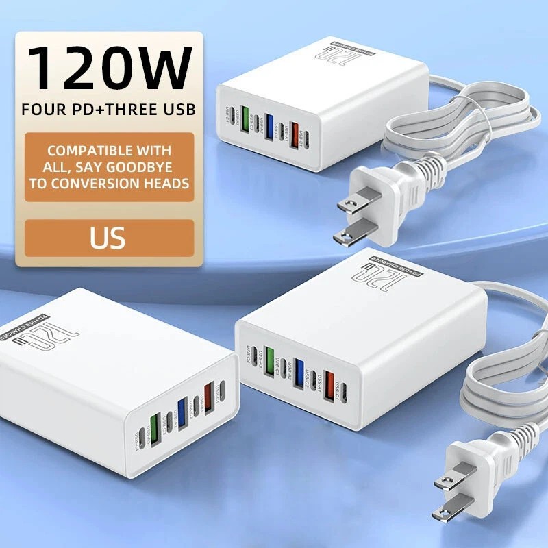 Universal 120W 6-Port USB C Fast Wall Charger Block Charging