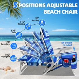 SeaSlep Beach Chairs for Adults with 5 Positions, Folding Backpack Beach Chair with Cooler & Storage Pouch, Portable Camping Chair with Cup Holder, Towel Bar, Lay Flat Camp Chair Support to 350LBS