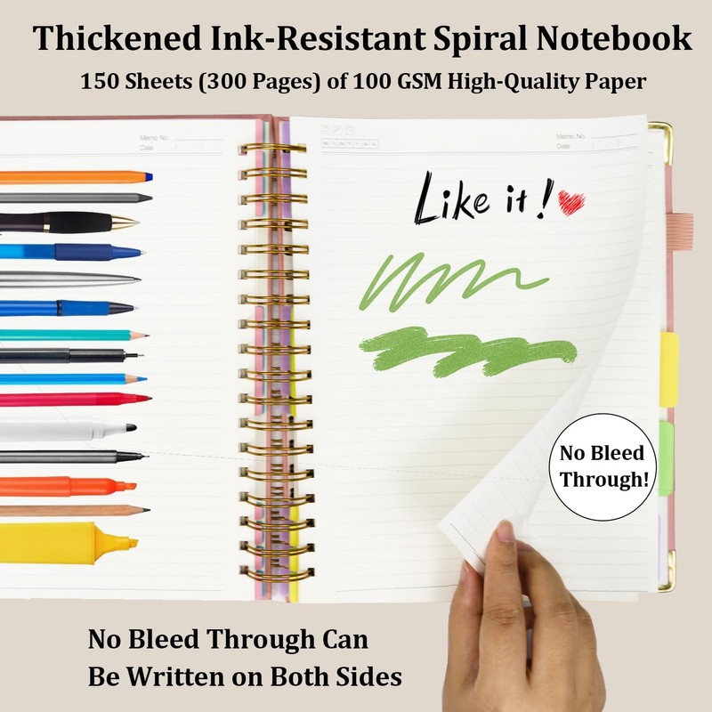 5 Subject College Ruled Notebook, 300 Pages Ink-Proof Paper, 8x10