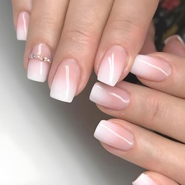 Boloshine 24Pcs Press on Nails, Glossy Short Acrylic French Tip False Nails, Square Glue-on Fake Nails, Removable Stick on Nails French Manicure for Women Girls Nail Accessories - Delicate Petals