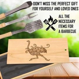 Ornamental Ostrich Mandala BBQ Tool Set: Unique Bird Art, High-Quality Stainless Steel Grill Tools, Ideal for Bird Watchers and Art Lovers, Comes in a Beautifully Engraved Box