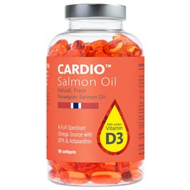 Cardio Omega 3 Fish Oil & Vitamin D3-1000mg, Norwegian Salmon Oil with EPA, DHA, DPA & Astaxanthin, No Fishy Aftertaste, Fatty Acids Supplement - 90 Capsules