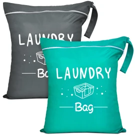 2 Pcs Large Travel Laundry Bags - Waterproof Wet/Dry, Washable, Drawstring, Bathing Suit, Workout, Gym Clothes, Swimming, Yoga - Green, Grey
