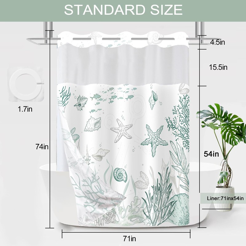 TWLSNCD No Hook Shower Curtain with Snap in Liner, Beach