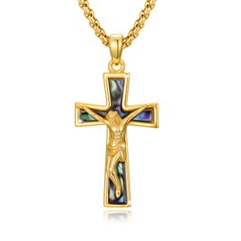 PARYFO Jesus Cross Necklace for Men Women 925 Sterling Silver Crucifix Necklace Jesus Pendant with Cross Abalone Shell Onyx Malachite Turquoise Protection Amulet Christian Jewellery for Unisex