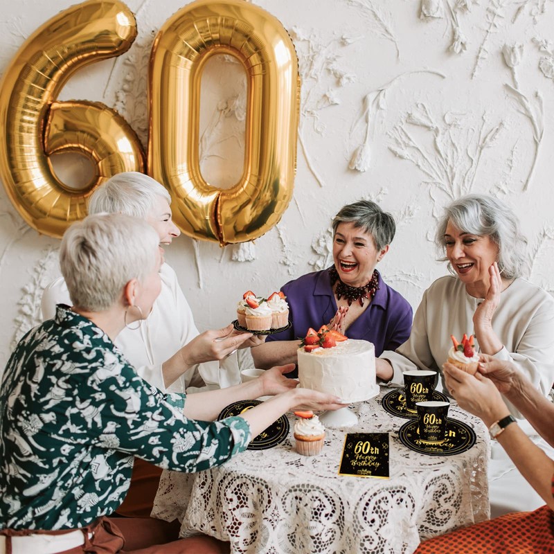 POPOYU 16pcs Black and Gold Paper Plates 60th, Happy Birthday