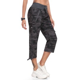 MoFiz Womens Capris Summer Cargo Shorts Lightweight Quick Dry Athletic Casual Travel Loose Ladies Outdoor Hiking Pants Pockets Camo Gray M