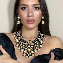 Ever Faith Costume Jewelry for Women, Brown Rhinestone Crystal Chunky Collar Statement Necklace Earrings Set