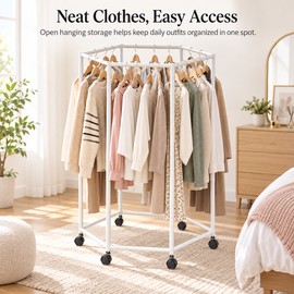 360° Rotating Clothes Rack for Bedroom Storage – Floor-Standing Iron Garment Organizer with Hexagonal Shelf