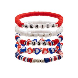 Pingyongchang 4th of July Stretch Bracelets Red White Blue Star Bracelets American Flag Patriotic Bracelet Cute Clay Beaded Heishi Surfer Bracelet Women Men Independence Day Jewelry Gifts-Set A