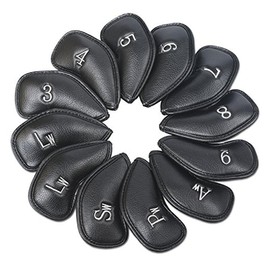 Scott Edward 12pcs Thick Synthetic PU Leather Golf Iron Head Covers Set Golf Club Head Covers Protector for Men Women Fit Most Brands (Black)