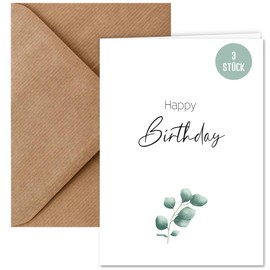3 x Birthday Cards with Natural Envelope, Folding Cards for Birthday, Happy Birthday, Made of Natural Paper, Birthday Card DIN A6 Including 3 Envelopes, Eucalyptus Greeting Card (Pack of 3)