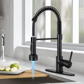 DJS Kitchen Faucets with Pull Down Sprayer LED Light Single Handle 1 or 3 Holes Spring Kitchen Sink Faucet with Deck Plate for Farmhouse RV Vessel Basin