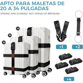 Mythya Correas de Equipaje, Correas de Equipaje para Veliz, TSA Aprobado Maleta Cinturón Longitud Ajustable Cinturón para Maletas de Viaje de 2 Metros de Fácil Identificación - 7 Piezas Negro