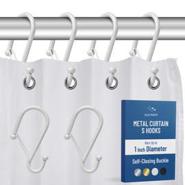 Blau Marité 12 Decorative Metal Shower Curtain Hooks, S-Shaped Hooks with Anti-Fall System, Rust-Proof Shower Rings with Safety Buckle, Fits Rods Up to 1-Inch Diameter (S, White)