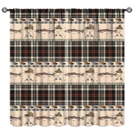 YSWOW Fishing Curtains Vintage Rustic Cabin Rods Lure Southwestern Check Angle Art Printed Window Drapes for Bedroom Living Room Decor Fabric 2 Panel W21xL45in