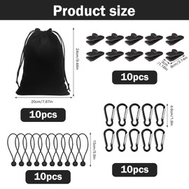 Camping Tent Accessories - 10 Black Velvet Drawstring Bags + 10 Tent Clips + 10 Elastic Ropes (Black) + 10 D Buckles Suitable for Fixing Outdoor Tents, Tents, Tablecloths