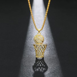 COLORFUL BLING 14k Gold Hiphop Rhinestone Basketball Necklace Punk Basketball Chain Box Pendant Necklace Sports Rock Necklace for Men Women - Gold