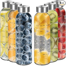 【WINSA】 Glass Juice Bottles With Lids 17oz 25oz-4Pack- 6 Pack, Clear Water Bottle, Juicing Bottles Reusable Glass With Stainless Steel Cap, Drinking bottles for Refrigerator,100% Leak Proof, BPA Free Drinkware Washable:_6pcs_17 Ounces