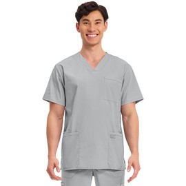 Cherokee Men's V-Neck Top Traditional fit with 4 Pockets, Ultra Soft, Durable, Fade Resistant, 2-Way Stretch Fabric - WW695, L, Grey