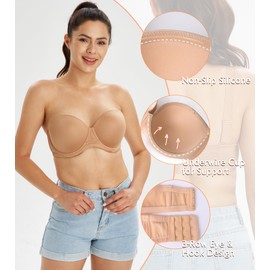 Lemorosy Women's Plus Size Strapless Bra Push Up Full Coverage Underwire Support Bra for Big Bust(Pecan, 38D)