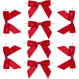 Xeahung 60 Pcs 3 Inch Twist Tie Bows Satin Ribbon Twist Tie Bows with Twist Ties Small Ribbon Bows for Craft Twist Bows for Cookie Bags Wedding Craft Gift Wrapping Decoration Party (Red)