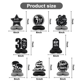 SINGOMON 8Pcs Rip To My 20s Honeycomb Centerpieces Black Death of My Youth 30th Birthday Centerpieces Thirty Birthday Honeycomb Table Topper for Black Birthday Decorations, Happy Birthday Decorations, 30th Birthday Decorations for Men Women
